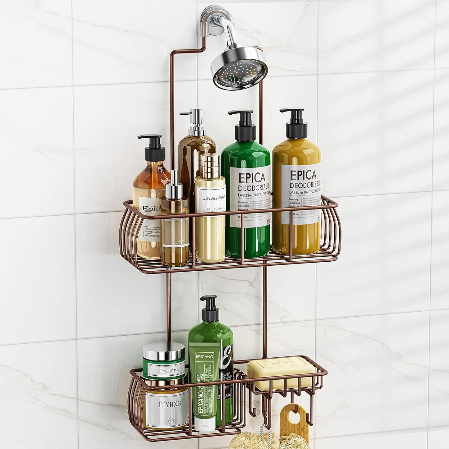 Epicano Shower Caddy Hanging, Anti-Swing Over Head Shower Caddy Rustproof with hooks for Towels, Sponge and more,White