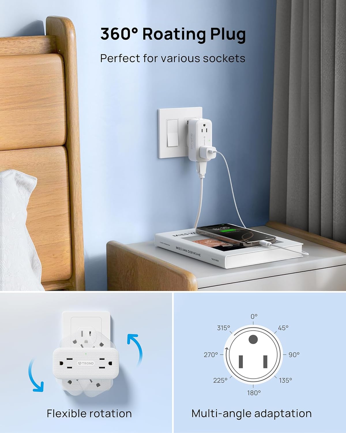 TROND Surge Protector Outlet Extender with 360 Rotating Plug, 4 AC Plug Adapter, 900 Joules Surge Protection, A Small Charging Station, 3-Sided Outlet Splitter for Home Office Travel Dorm, White