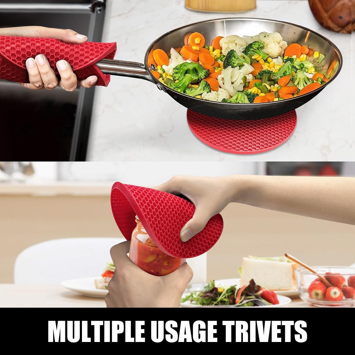 Rorecay 6pcs Oven Mitts and Pot Holders Sets for Kitchen, Extra Long Silicone Oven Gloves Heat Resistant 500 Degrees Non-Slip Potholders Hot Pads for Baking Cooking, Quilted Liner, Red