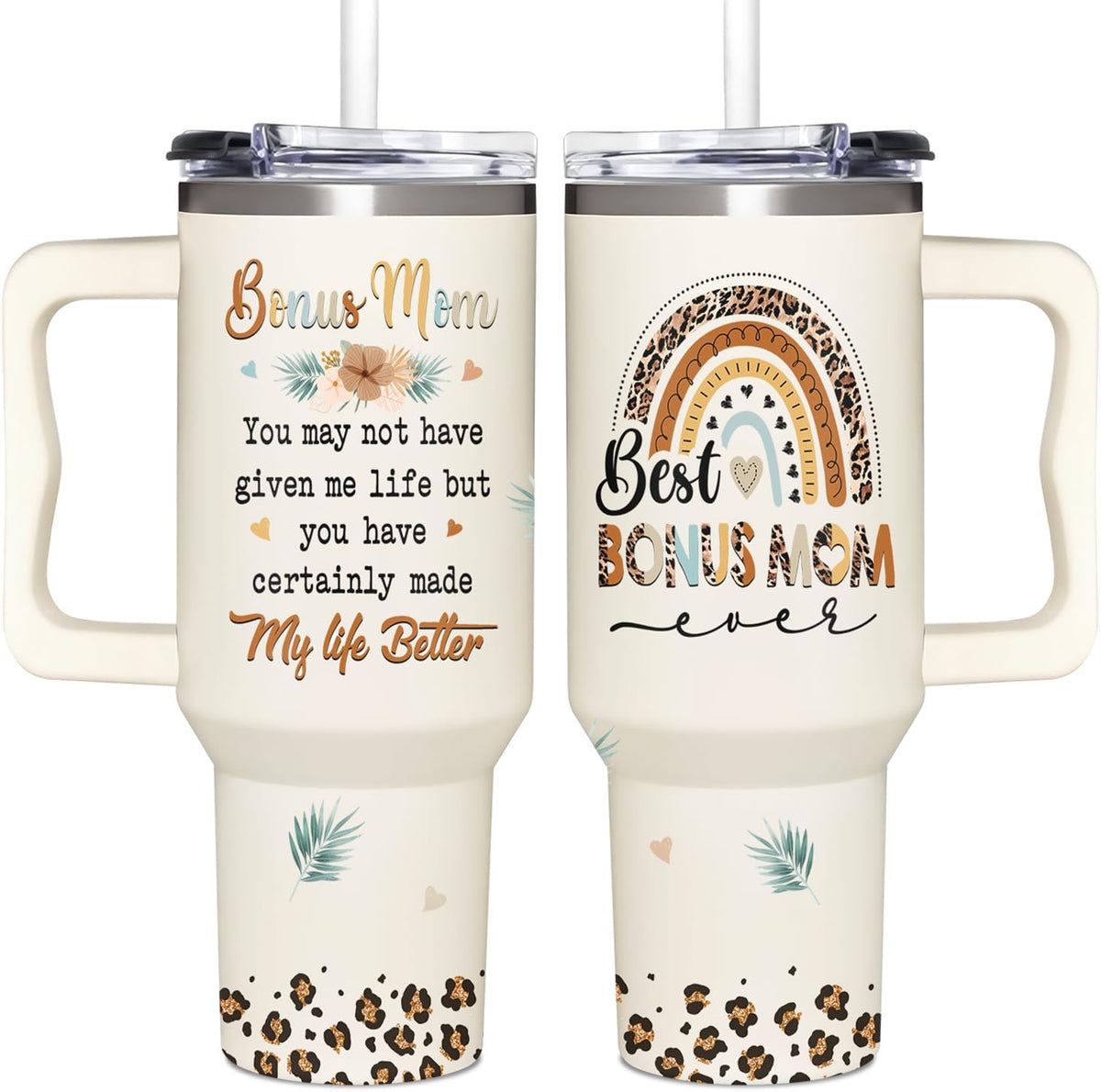 Bonus Mom Gifts - Stepmom Gift - Gifts For Step Mother - Bonus Mom Mothers Day, Christmas, Birthday Gift Ideas - Bonus Mother Cup Tumbler 40 Oz with Handle