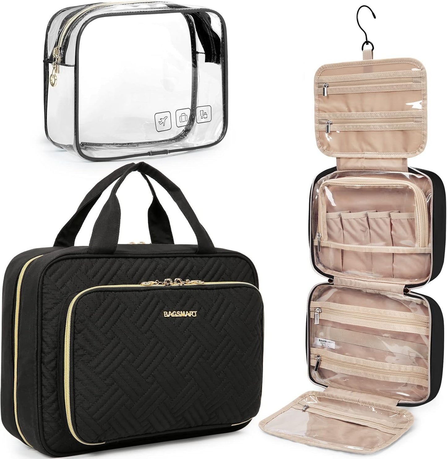 BAGSMART Toiletry Bag Hanging Travel Makeup Organizer with TSA Approved Transparent Cosmetic Bag Makeup Bag for Full Sized Toiletries, Medium-Blue