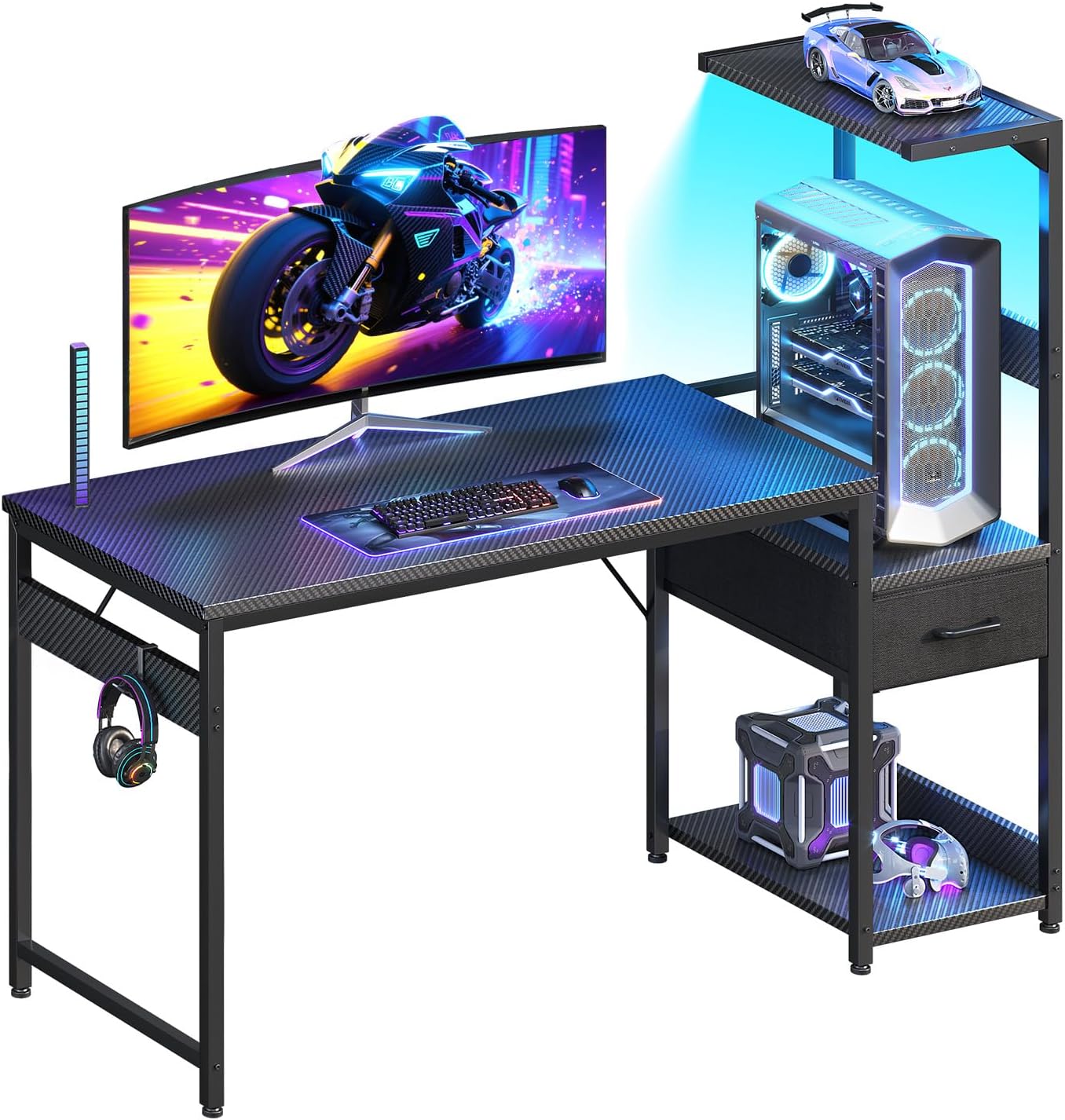 Casaottima 54'' Gaming Desk with LED Lights & CPU Stand, Reversible Computer Desk with Storage Shelves & Fabric Drawer, Modern PC Gamer Table with Headphone Hook, Carbon Fiber Black