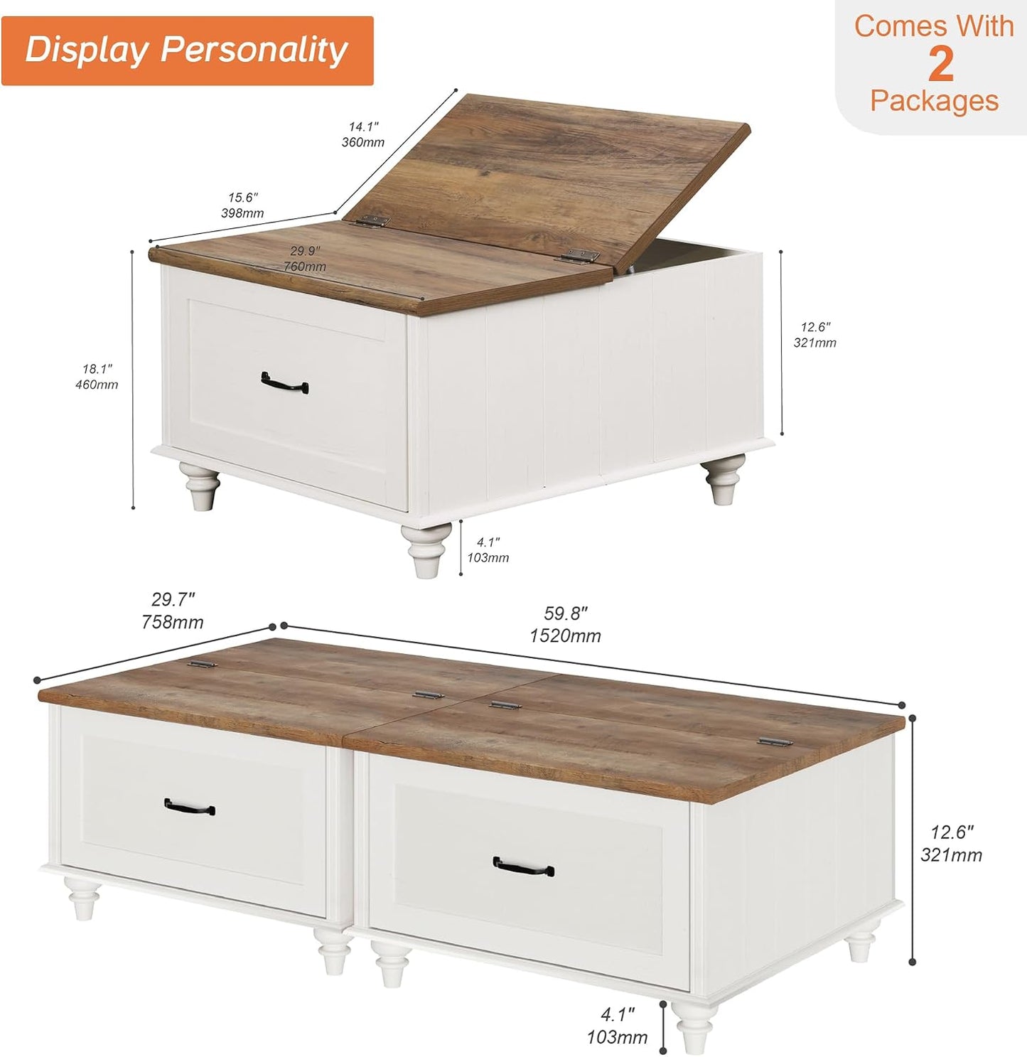 WAMPAT Farmhouse Coffee Table with Storage, Set of 2 Square Coffee Table with Lift Top & Drawers for Living Room, Wooden Center Table for Home & Office, White