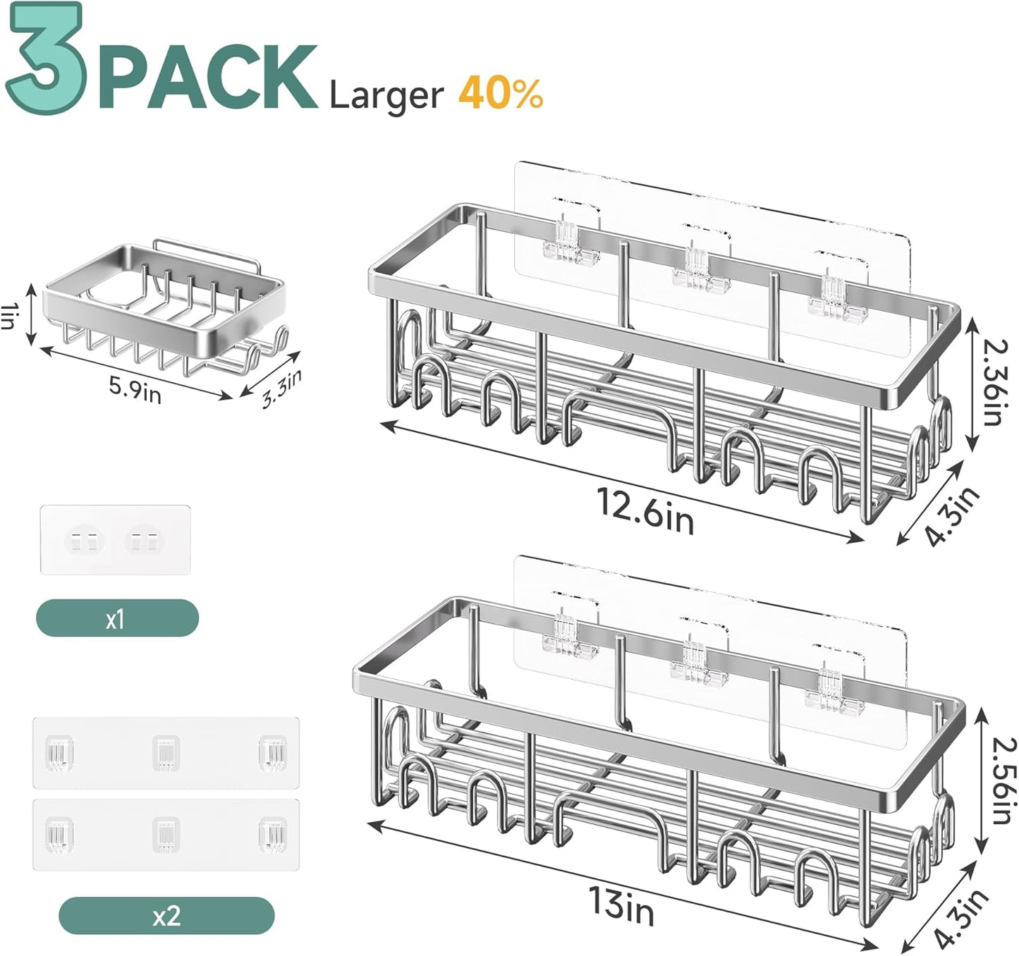 Veken Shower Caddy 3-Pack, Advanced Rustproof Design, No Drilling Adhesive Shelves, Rack with Soap Holder, Large Capacity Bathroom Organizers and Storage, Wall-Mounted Kitchen & Home Decor