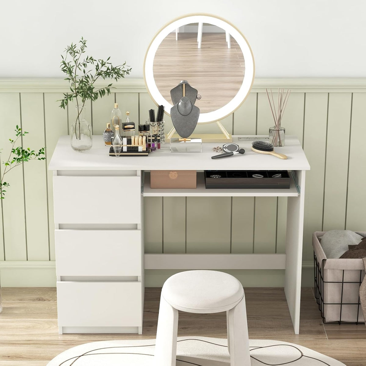 Tangkula White Desk with 3 Storage Drawers & Built-in Charging Station, Home Office Desk with Keyboard Tray, PC Desk Study Writing Table, Vanity Table for Bedroom, Computer Workstation (White)