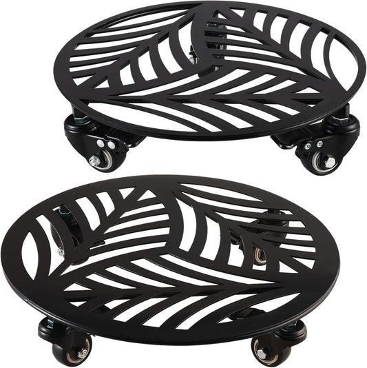 2 Packs Large Metal Plant Caddy with Wheels 13.6" and 12" Heavy-Duty Wrought Iron Rolling Plant Stands with PU Metal Casters Indoor Outdoor Round Plant Pot Roller Base Planter Movers, Glossy Black