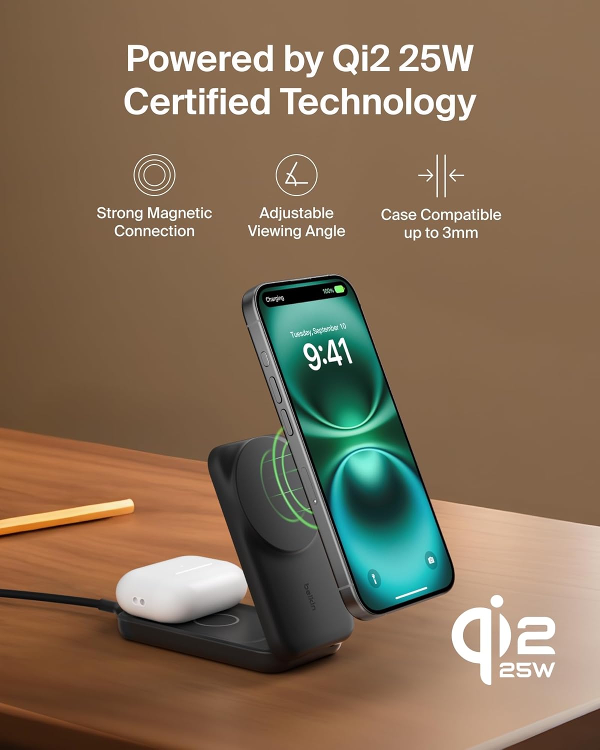 Belkin MagSafe Charger, Compatible 2-in-1 Charging Station, Qi2.2 25W Magnetic Wireless Charger iPhone, Foldable Stand, with 5W USB-C Port, for iPhone 17/16/15, Pixel 10, AirPods, 45W Adapter Included