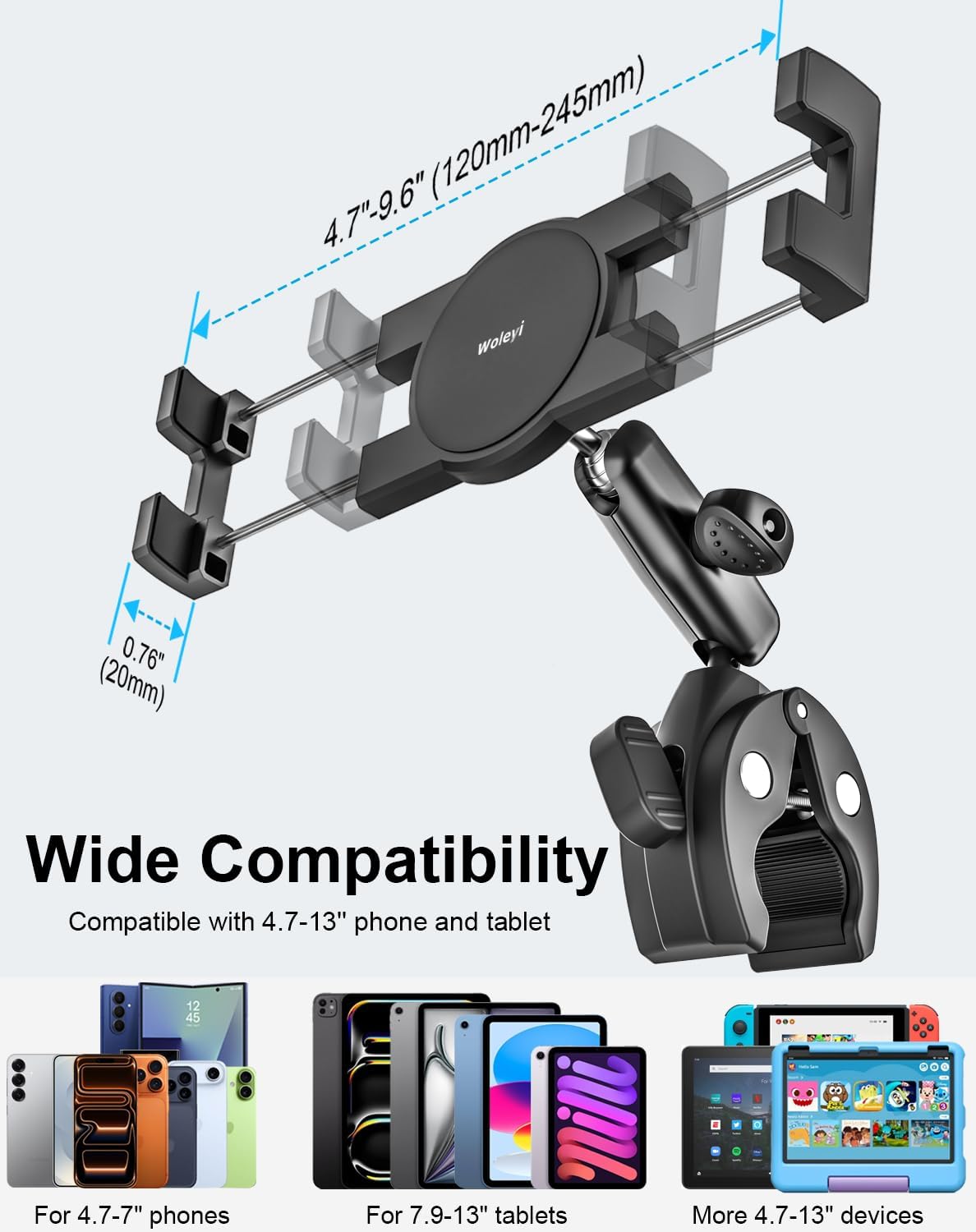 Metal iPad Tablet Mount for Boat Helm, Marine, Wheelchair, Golf Cart, Stroller, Treadmill, Spin Bike, Bicycle, Mic Stand - 360° Adjustable Handlebar Clamp for 4-13" iPad Pro, Air, Mini, Galaxy, iPhone