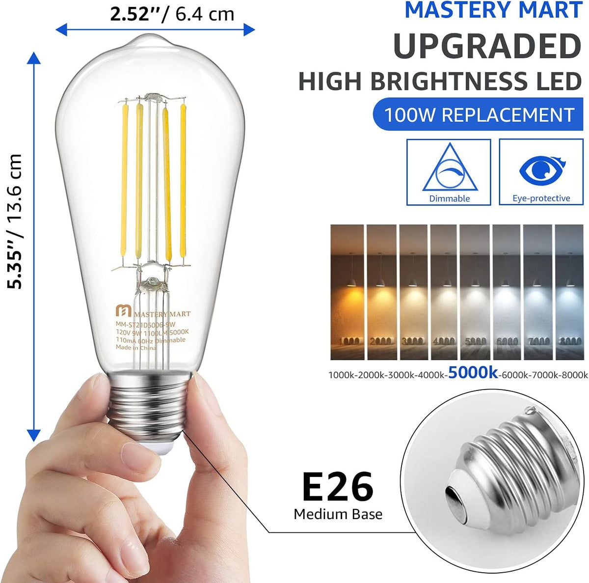 MASTERY MART 100 Watt LED Bulb, Edison Bulbs, Dimmable Lightbulbs E26, 5000K Daylight White Bright 9W 1100 Lumens, ST21/ST64 Vintage Lightbulb, UL Listed, Clear Glass, Decorative Light Bulb (10 Pack)