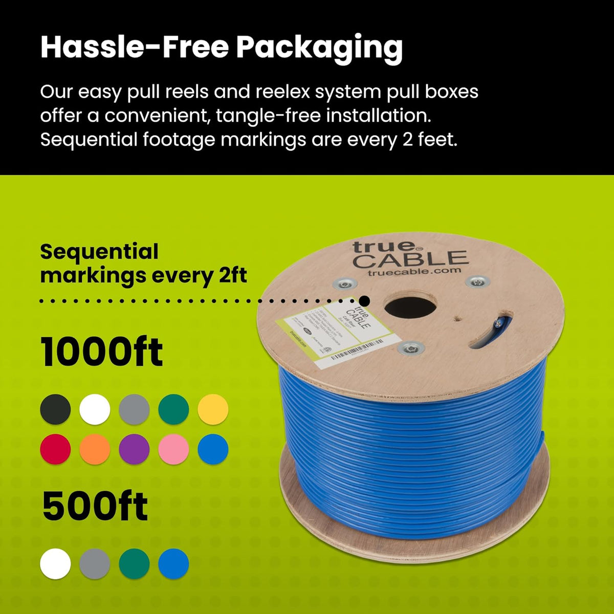 trueCABLE Cat6 Riser (CMR), 500ft, Blue, 23AWG 4 Pair Solid Bare Copper, 550MHz, PoE++ (4PPoE), ETL Listed, Unshielded Twisted Pair (UTP), Bulk Ethernet Cable