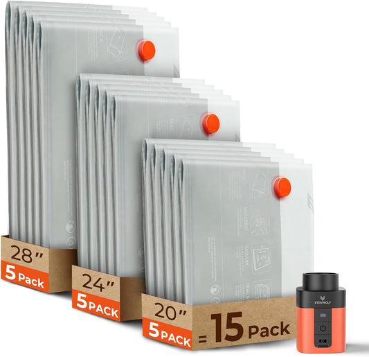 ETENWOLF 15 Pack Reusable Vacuum Seal Bags for Travel with Rechargeable Air Pump,Vacuum Compression Packing Seal for Clothes, Blankets, Seasonal Storage,Carry-On Space Saver Bags in 3 Sizes