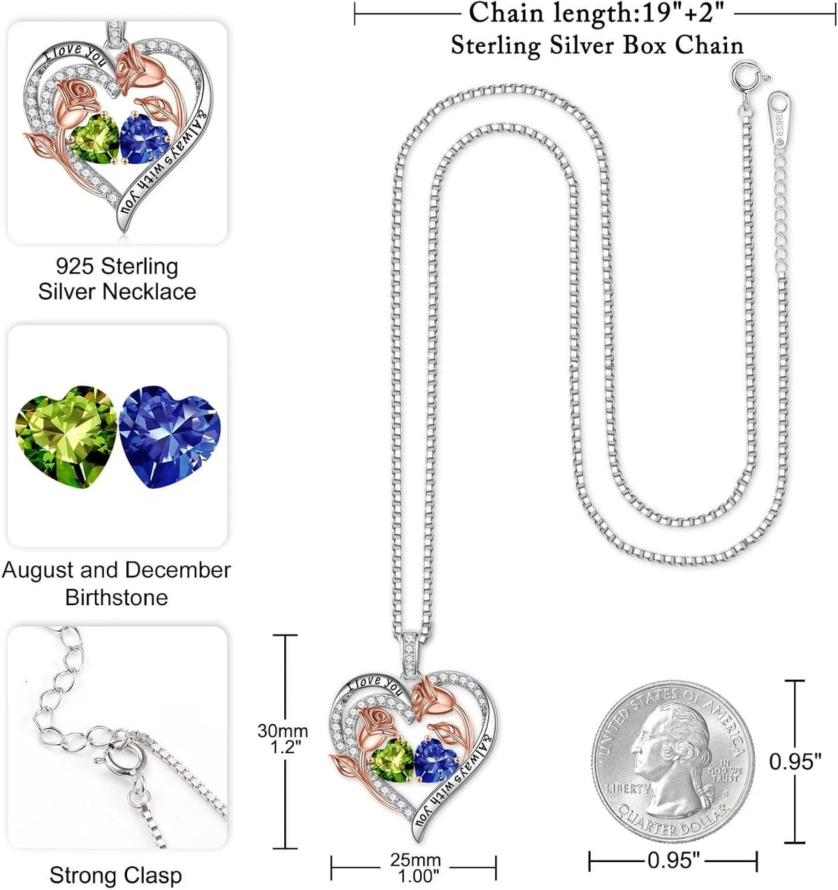 Iefil Birthstone Necklace for Women - Rose Heart Necklace