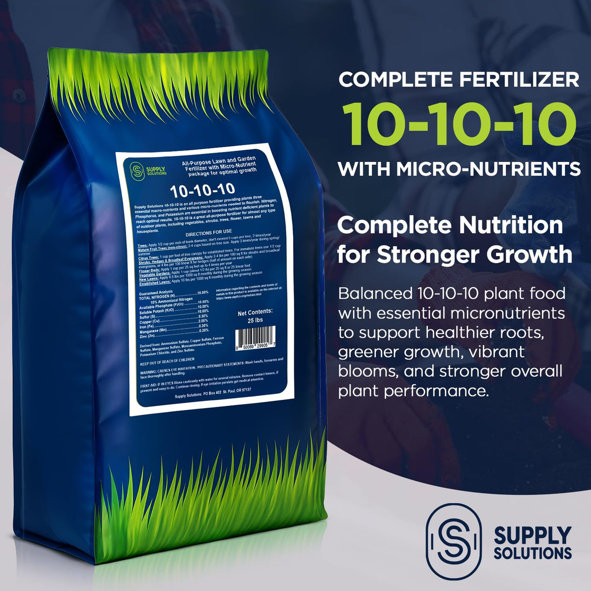 Supply Solutions 10-10-10 Complete Lawn & Garden Granular Fertilizer with Micronutrients – Balanced NPK Plant Food for Soil Health, Blooms & Roots – Safe for Vegetables, Fruits, Lawns (25 Pounds)