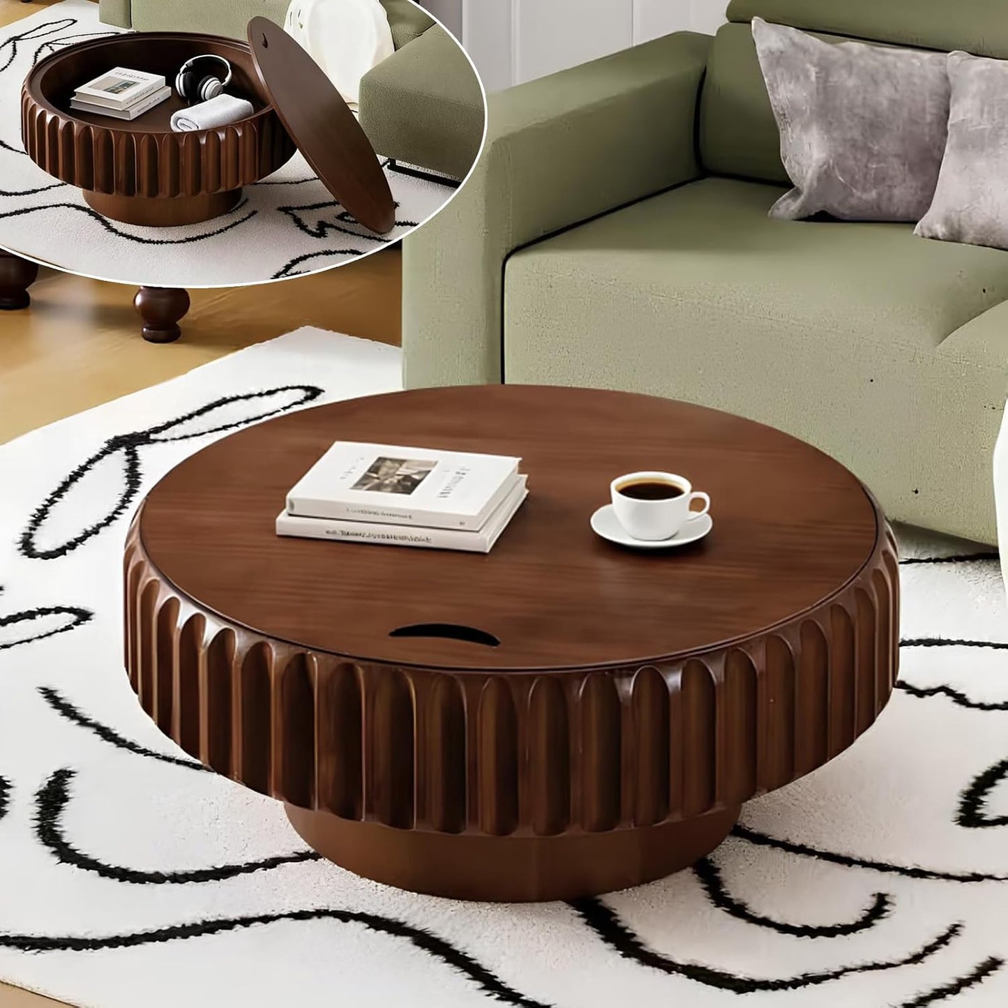 31.5'' Round Coffee Table (Round Brown) | Modern Handcraft Drum Coffee Table, Unique Fluted, Wood Center Table, For Small Space, Farmhouse Apartment Office