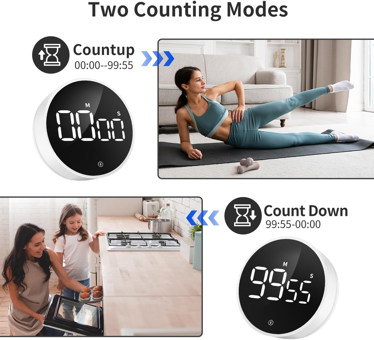Digital Magnetic Kitchen Timer & Stopwatch with LED Display, White