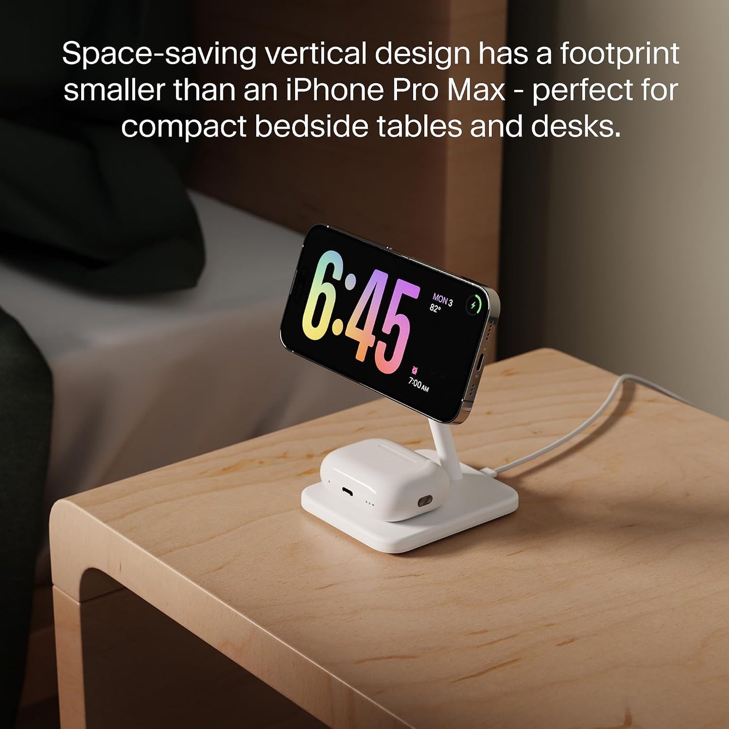 Twelve South HiRise 2 Deluxe 2-in-1 Wireless Charging Station, White | The Qi2 magnetic arm delivers 15W to your iPhone while the 5W base tops up AirPods Pro; tilts 70 degrees for StandBy mode.
