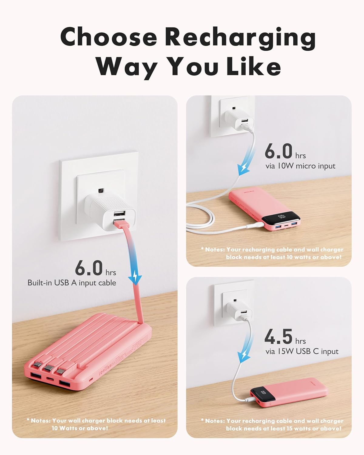 charmast Portable Charger with Reinforced Built-in 4 Cables,10000mAh Power Bank Travel Essentials 6 Outputs 3 Inputs 3A Fast Charging Compatible with iPhone iPad Samsung Google Pixel LG Moto