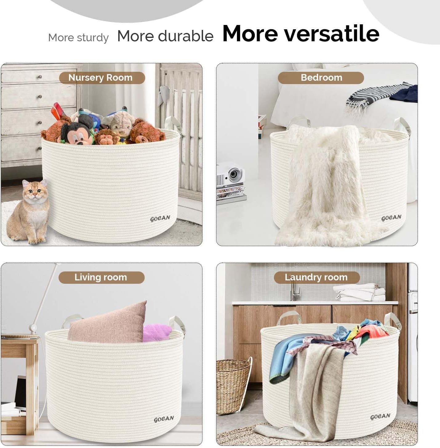 Cotton Rope Woven Laundry Basket 22"X 22"X 14" with handles（Cream）XXXL | Hand-woven, ideal for storing blankets and cushions in the living room, and clothes for household storage.