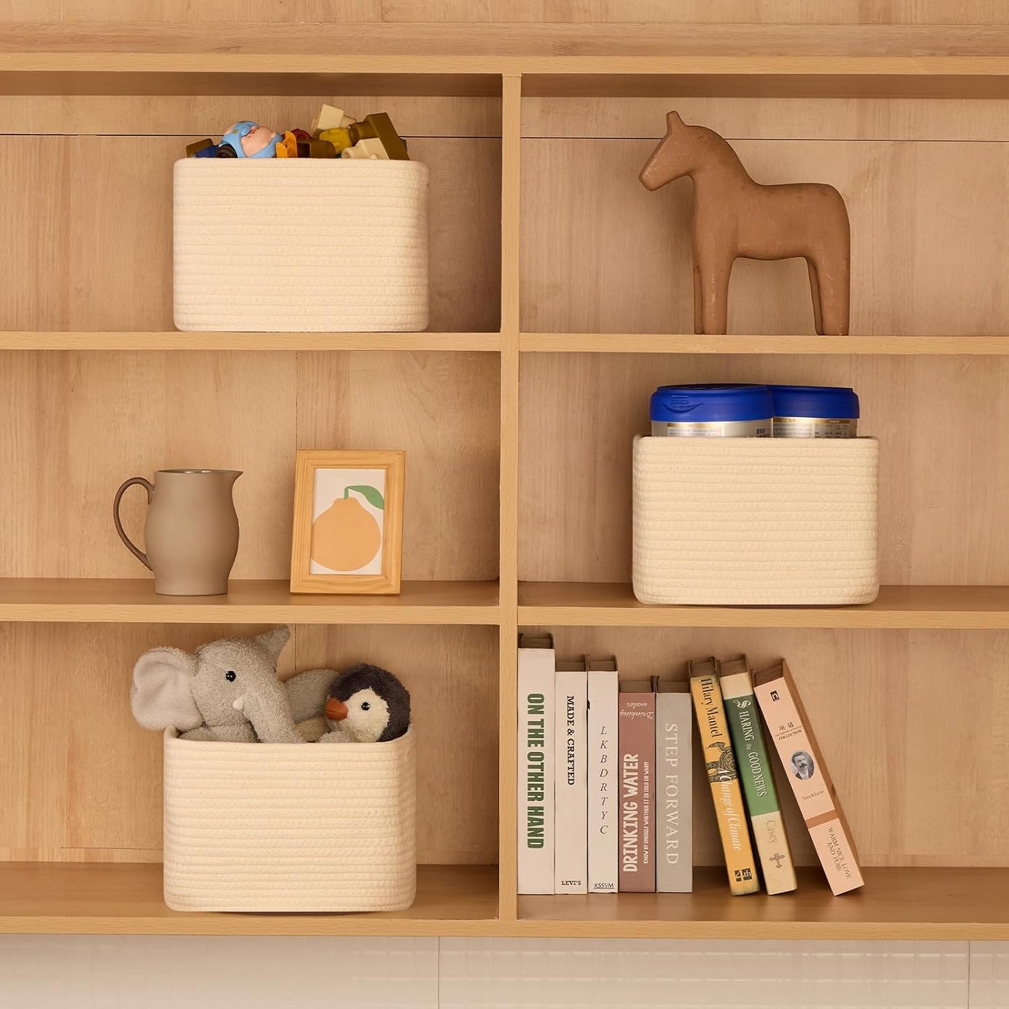 MiniArk Small Organizing Baskets for Cubes Shelf, 9.7x9.7x7.1 Inch Rope Woven Storage Bins for Nursery Shelves Storage, Cute Toy Basket, Square 3 Packs Beige