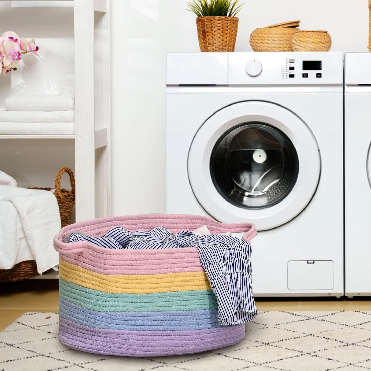 DUHEL Cotton Rope Woven Storage Basket (Rainbow-3Pcs) | Used for Baby Hamper Toy Organizer, Gift Baskets Empty,Kids,Baby,nursery. Size 15x10x8.7 Inches