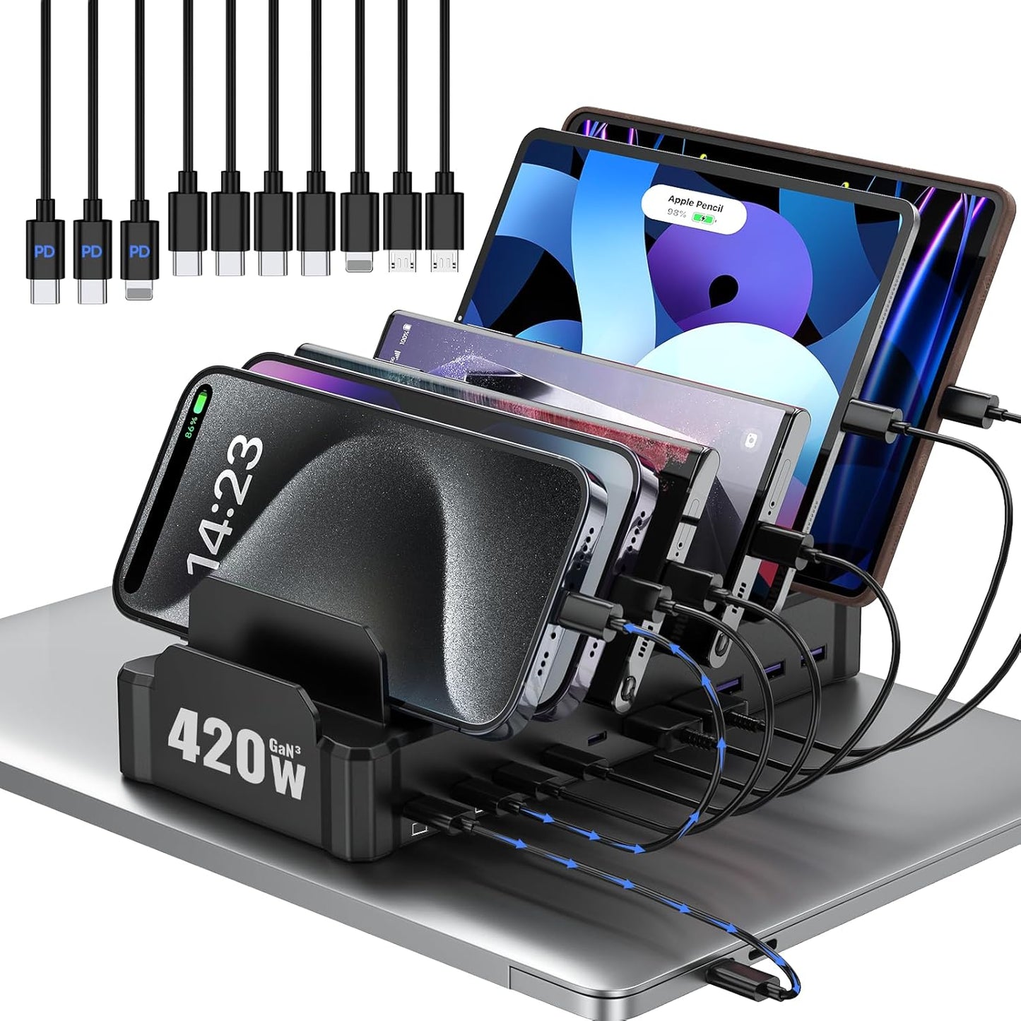 320W Charging Station for Multiple Devices, Zobirez 10-Port USB C Fast Charger Stations for MacBook, iPhone, Android Cell Phone, iPad, Tablet, Family Multi-Device Organizer Charging Dock, Blue