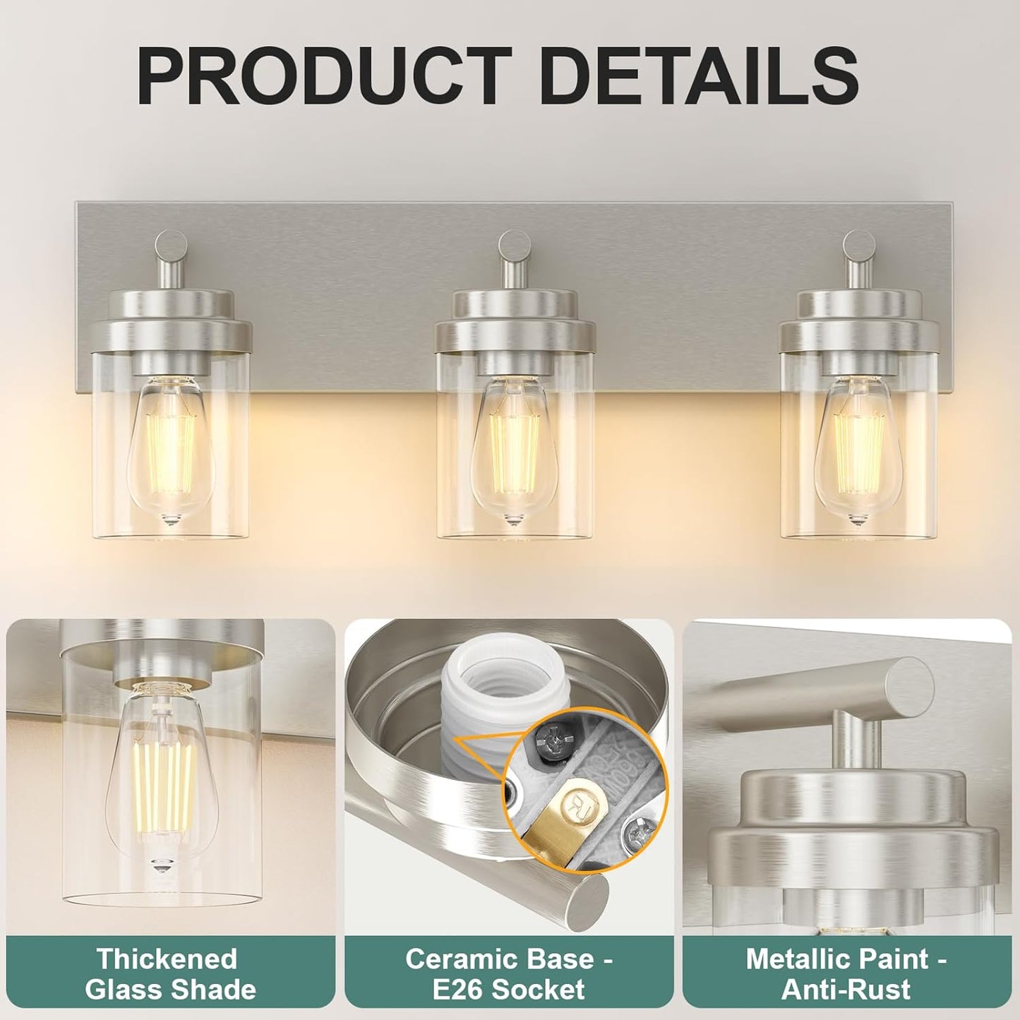 IZORRO Bathroom Vanity Light Fixture, 3-Light 22 Inch Brushed Nickel Bathroom Light Fixtures Over Mirror, with Clear Glass Shade, Modern Farmhouse Vanity Lights, Rustic Restroom Lighting Fixtures