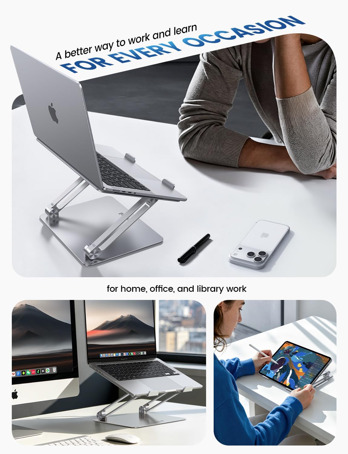 Lamicall Adjustable Laptop Stand, Portable Laptop Riser, Aluminum Laptop Stand for Desk Foldable, Ergonomic Computer Notebook Holder for MacBook Air Pro HP, Office Desk Accessories (10-17.3'')- Silver