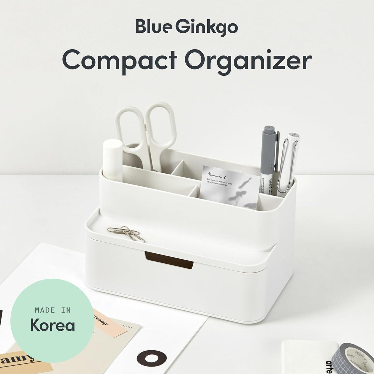 BLUE GINKGO Compact Desk Organizer, White, Made in Korea