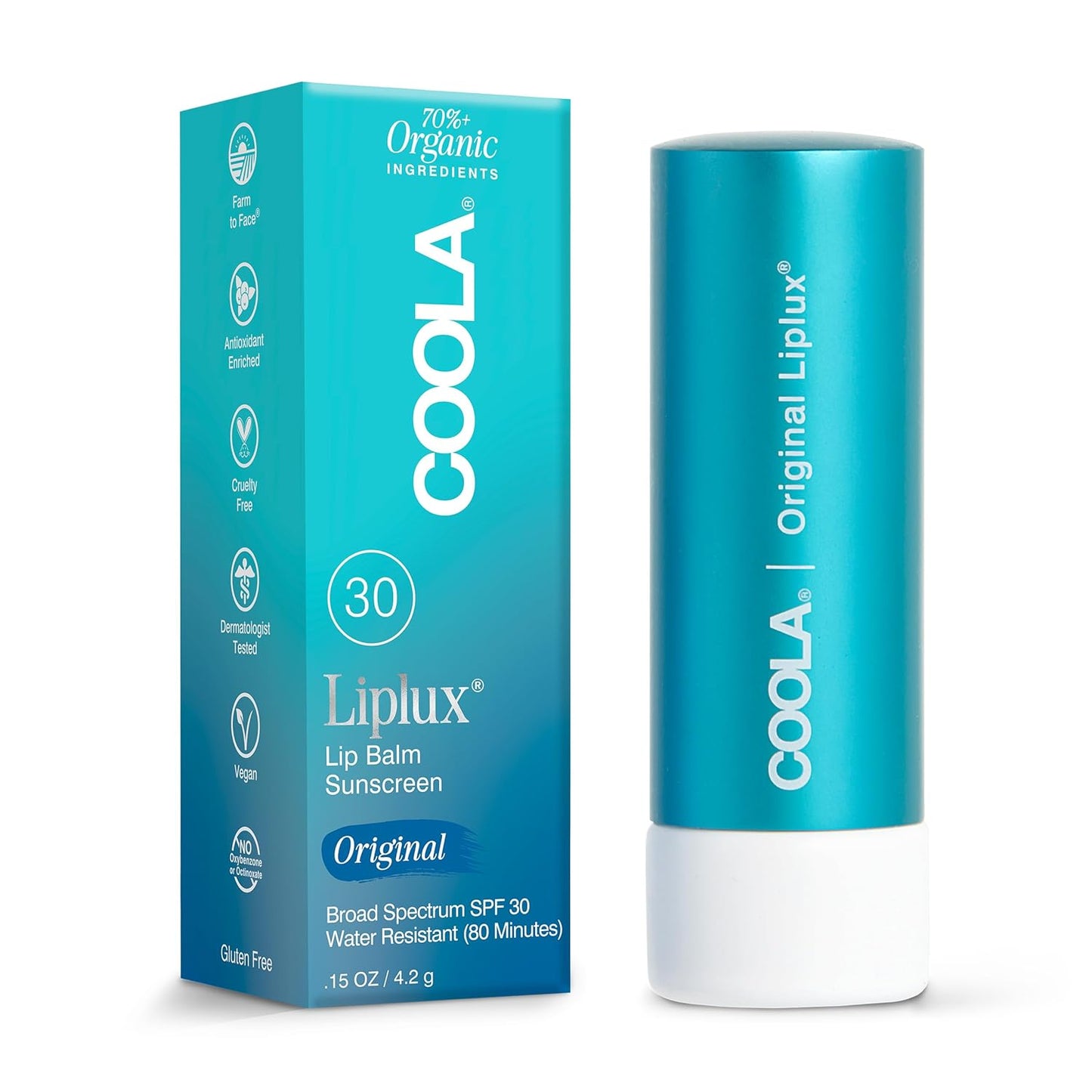 COOLA Organic Liplux Lip Balm and Sunscreen with SPF 30, Dermatologist Tested Lip Care for Daily Protection, Vegan and Gluten Free, 0.15 Oz