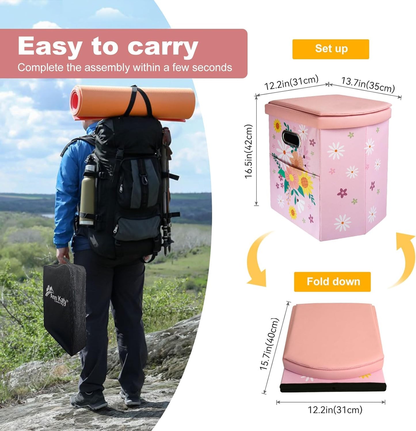 Ann Katy Upgrade XL Portable Toilet for Adults, Extra Large Portable Travel Floding Toilet, Camping Tall Toilets with Lid for Adults and Kids Compact Potty for Car,Hiking,Beach and Camping