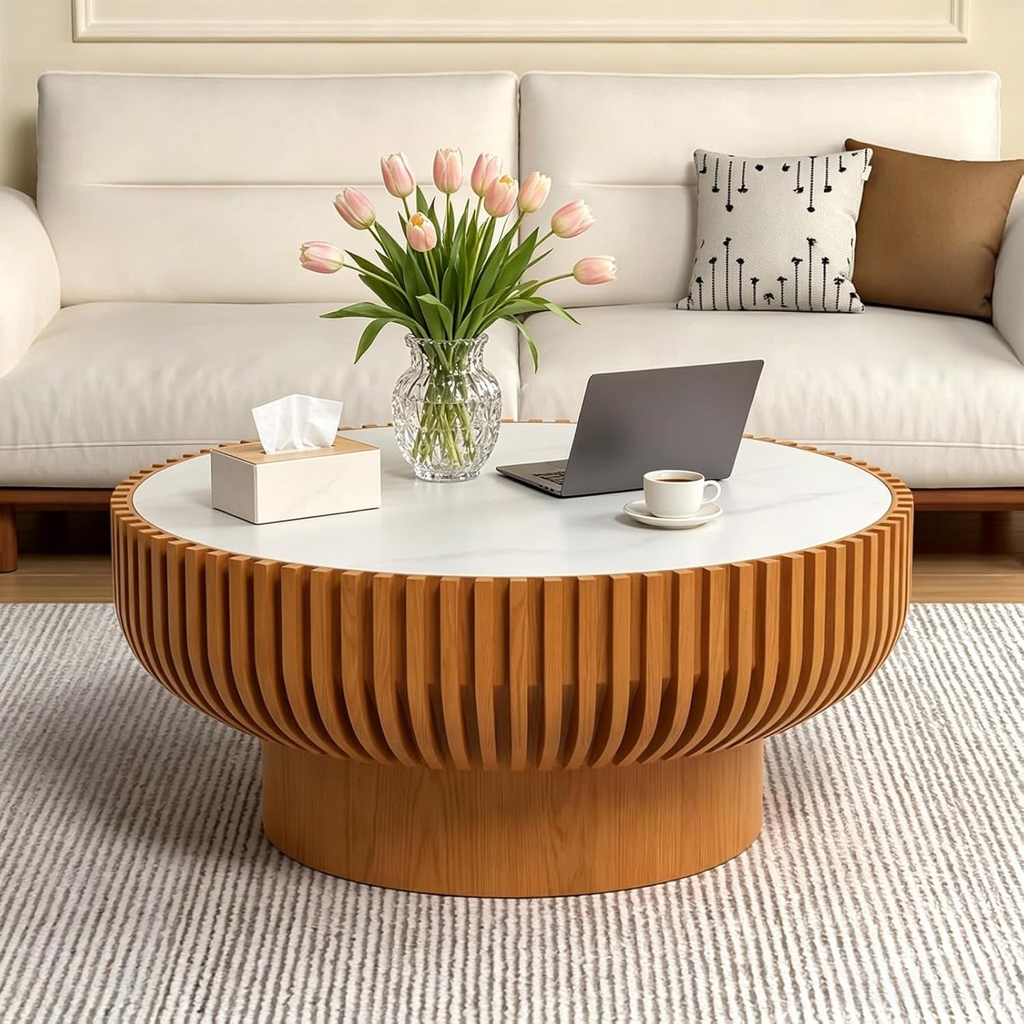Round Coffee Table with Storage (Brown 39.37") | Handcraft Fluted Drum, Modern Circle Wooden Coffee Table, Cocktail Table for Living Room, Home Office Apartment