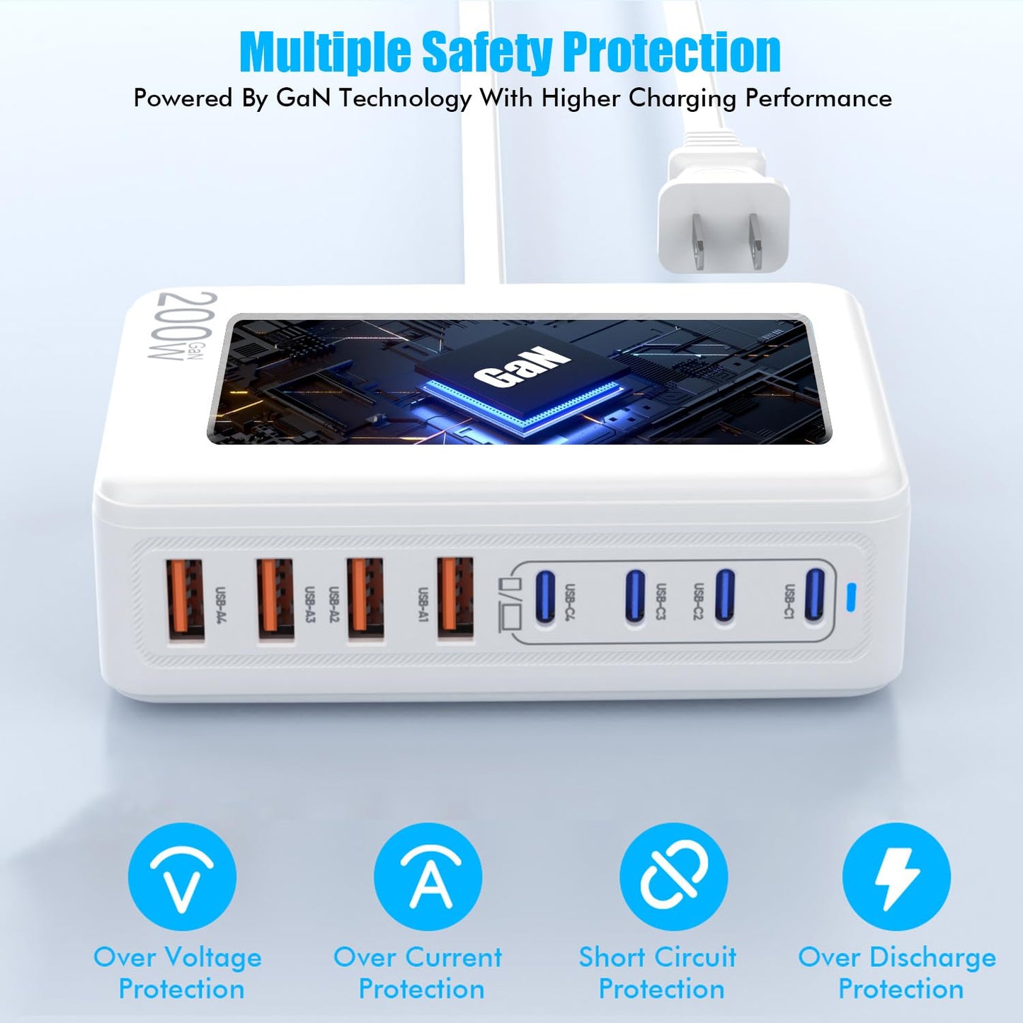 USB C Charger Block,200W GaN 8 Port USB C Charging Station USB Hub Block Cube Type C & USB A Wall Charger Power Adapter for Multiple Devices Apple iPhone 16/15/14,Steam Deck,MacBook Pro/Air,iPad Pro