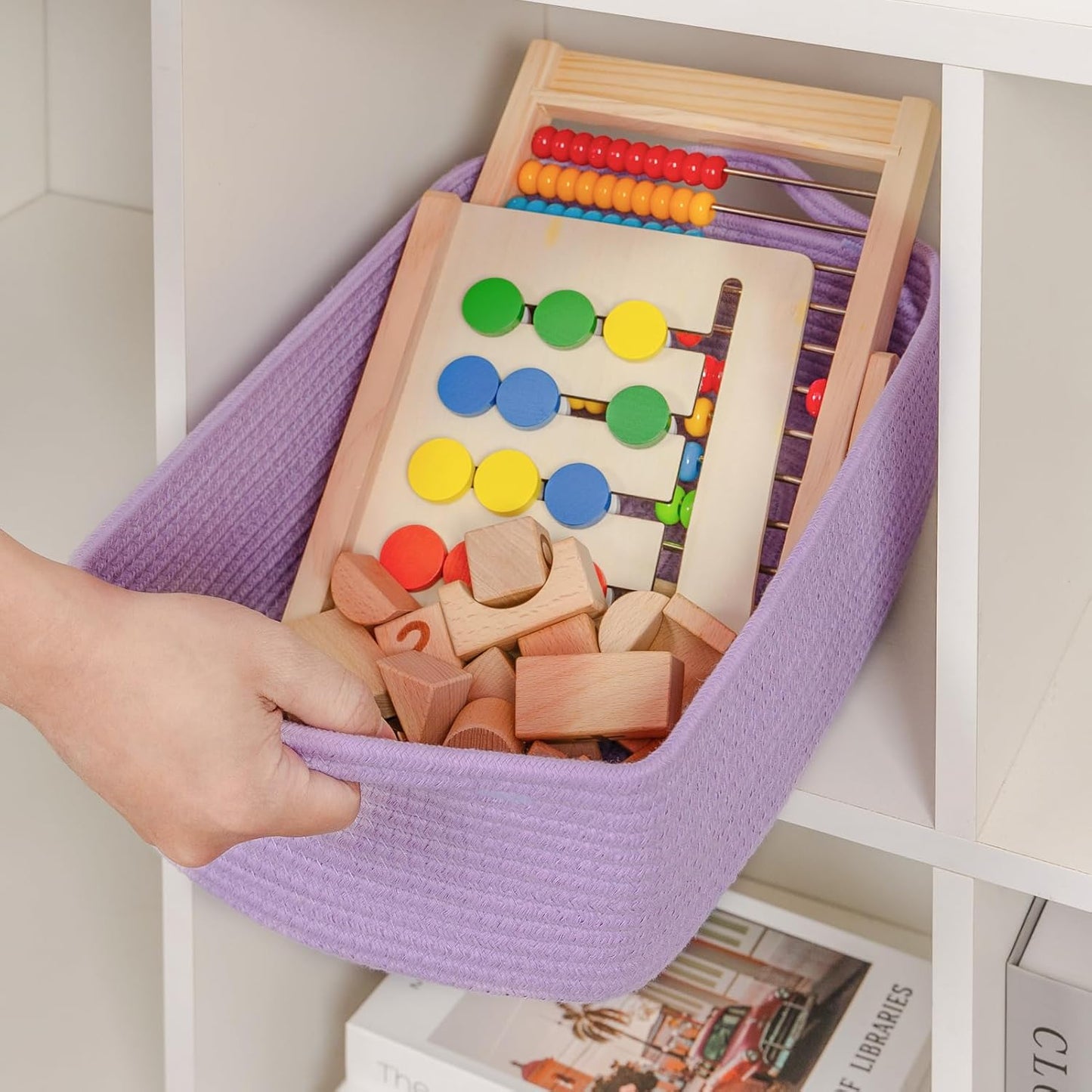 CubesLand Cube Storage Organizer Basket Bin, Cotton Rope Shelves Basket | Durable Woven Rectangular Shelf Basket for Organizing, Nursery Toys Basket, Purple Basket