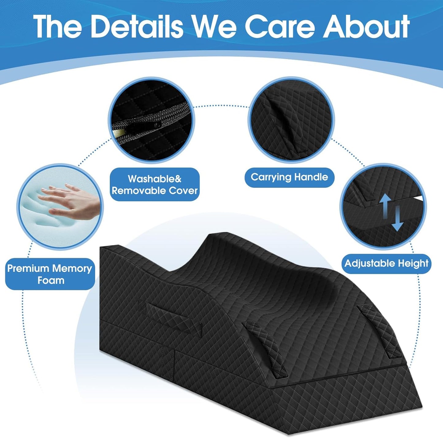 TranquilRelax Elevation Pillows for Leg After Surgery, Memory Foam Adjustable Wedge Pillow for Injury or Rest, Ankle Pillow for Sleeping Blood Circulation, Full-Black/Single Leg