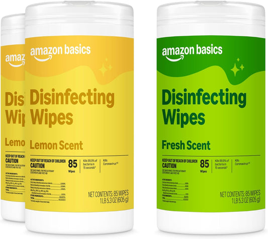 Amazon Basics Disinfecting Wipes, Lemon & Fresh Scent, Sanitizes, Cleans, Disinfects & Deodorizes, 255 Count (3 Packs of 85), Packaging May Vary