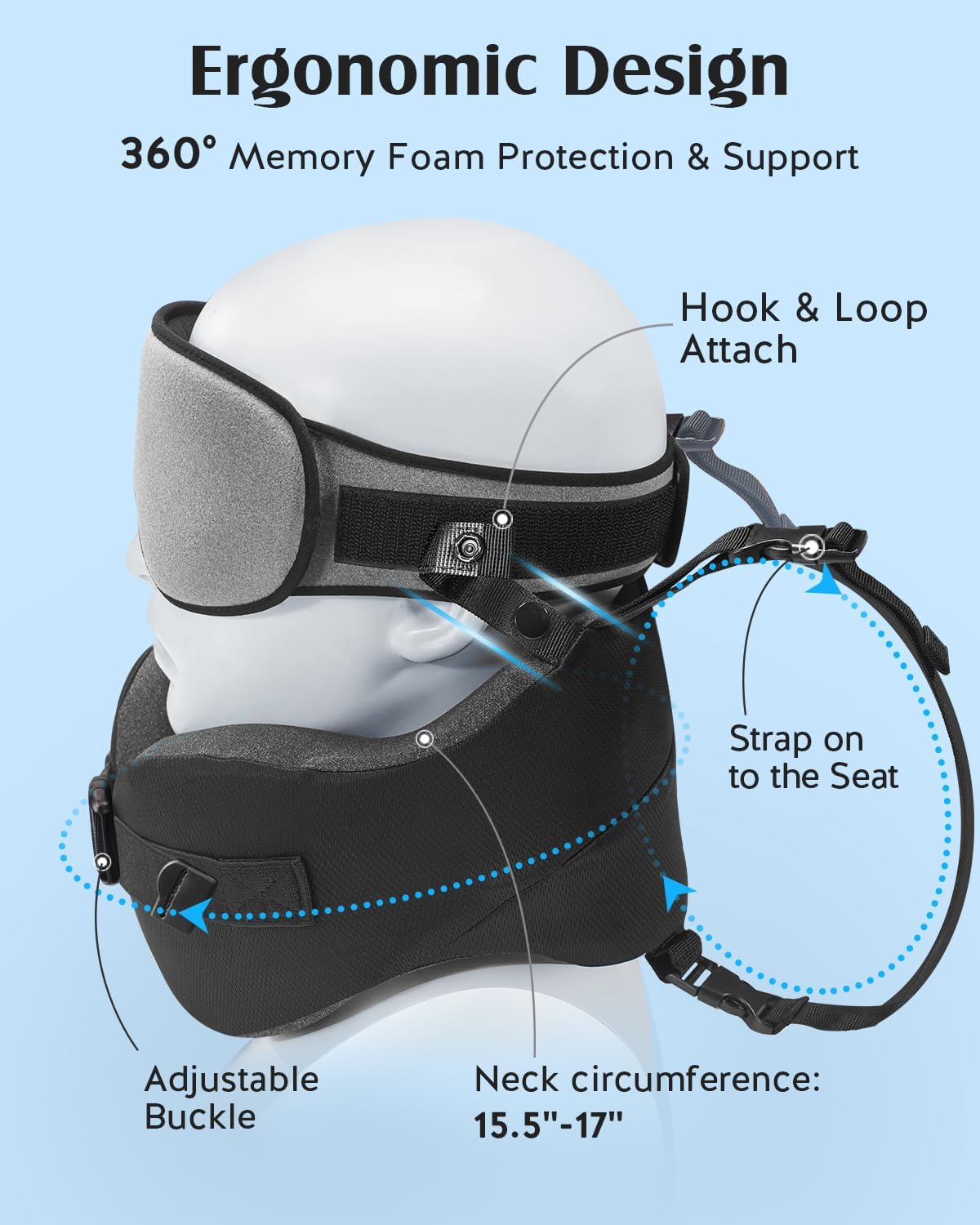 YFONG Travel Pillow for Long Flight Airplane, Head Strap Combo with 3D Contoured Sleep Eye Mask, Neck Pillow for Travel Essential, 360° Support Memory Foam Headrest, Prevent Bobbing, Drawstrap - Grey
