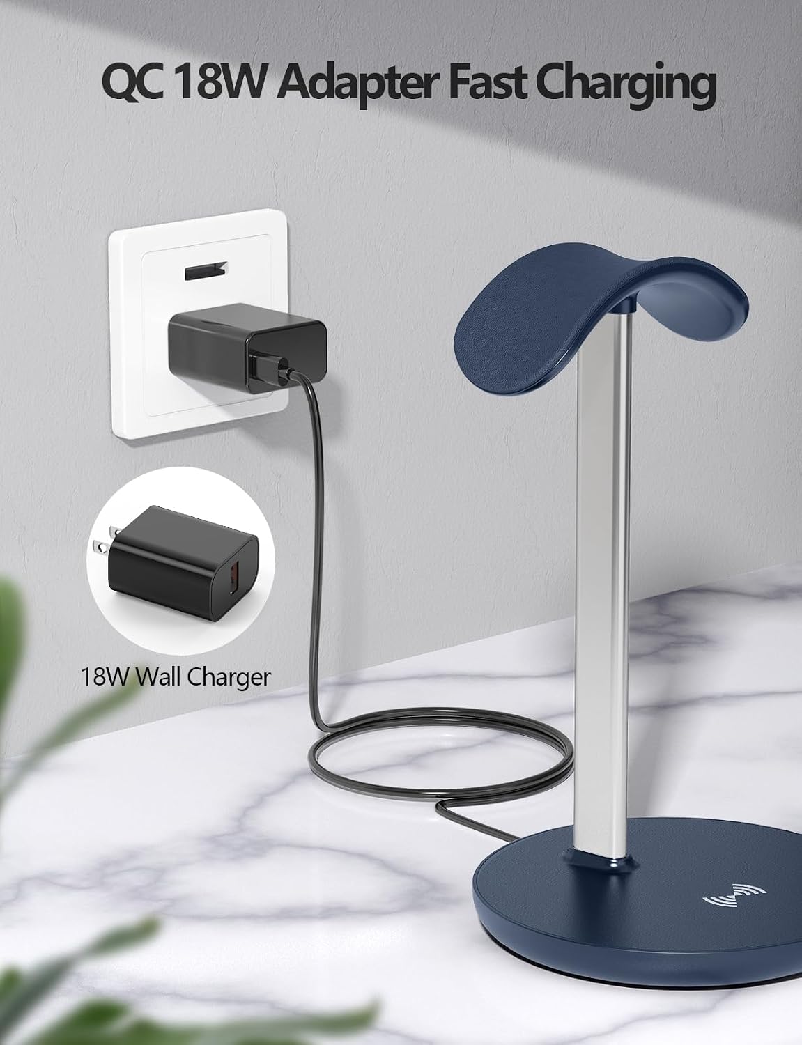 Miroddi Headphone Stand with Wireless Charger, Independent USB Charging Port, 5 in 1 Charging Station Headset Holder Rack for iWatch, iPhone, Samsung and Desk All Headphones, Dark Blue