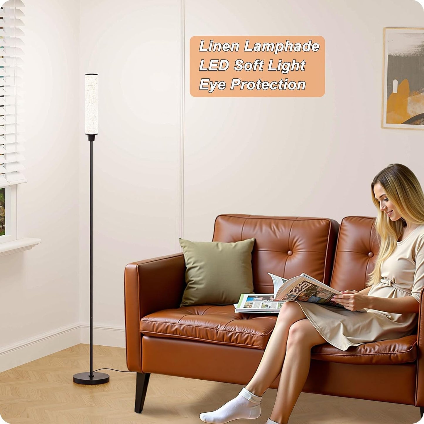 Nukanu Floor Lamp with Remote Control, Floor Lamps for Living Room/Bedroom/Office, Stepless Adjustable 3000K-6000K Colors and 10-100% Brightness,Standing Light with Foot Switch (Black+Beige Linen)