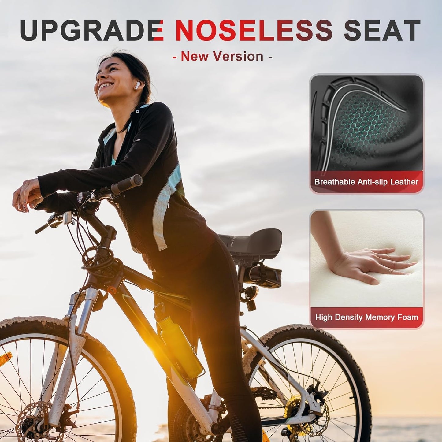 BLUEWIND New Noseless Oversized Bike Seat, Wide Bicycle Saddle Novel Backrest Design for Electric Bike, Universal Fit Exercise Bike or Road Stationary Bike Seat Cushion for Men & Women