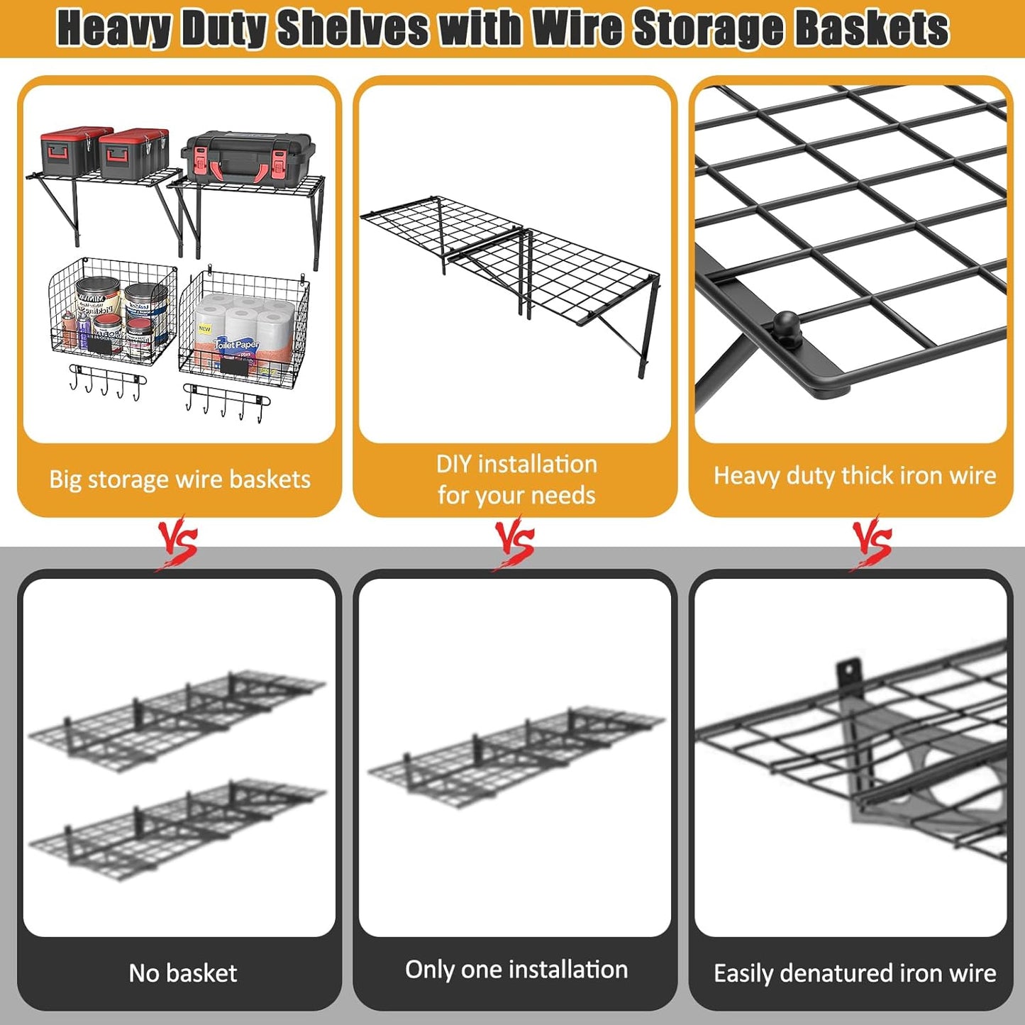 ThreeHio 2 Pack Garage Shelves Wall Mounted with Wire Baskets, Heavy Duty Garage Wall Shelving with Hooks, Wire Shelf Baskets Tool Organizer for Home Garden Garage Organization and Storage