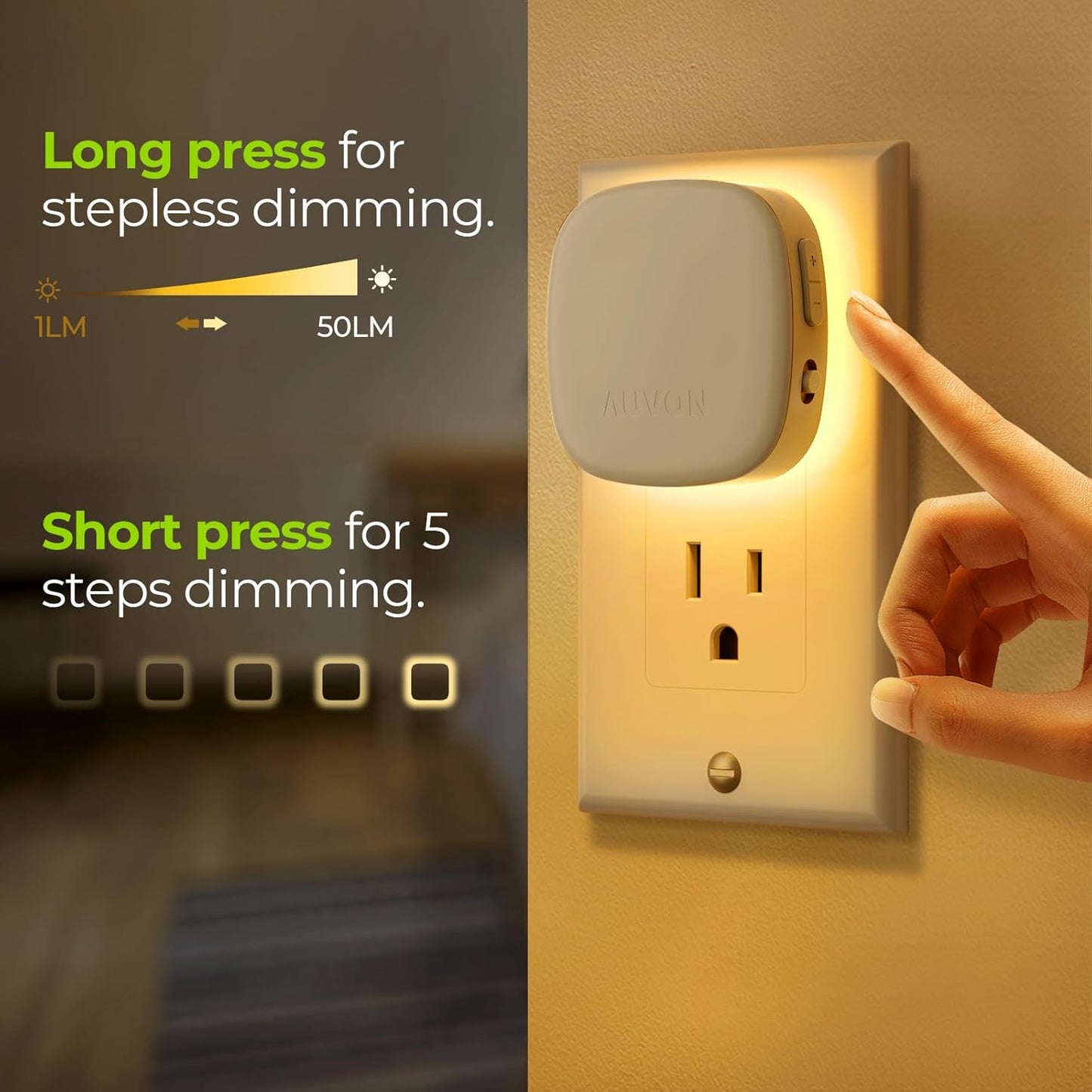 AUVON Plug-in LED Backlit Night Light with Motion Sensor & Dusk to Dawn Sensor, 2200K Soft Warm White Nightlight with 1-50lm Dimmable Brightness for Adults & Kids' Bedroom, Bathroom, Hallway (4 Packs)