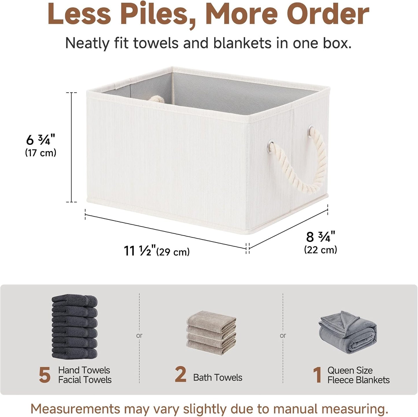 StorageWorks Fabric Storage Bins with Rope Handles, Beige, Small, 3-Pack | Fabric Storage Bins for Shelves, Storage Baskets for Closet Organization, Organizer Bins for Clothes Storage