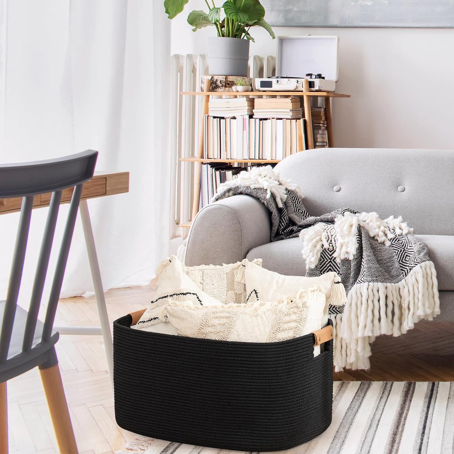 danpinera Large Woven Basket, 108 L Blanket Basket for Living Room, Nursery Bin for Toys Organizing & Laundry, Cotton Rope Hamper with Leather Handle, 25’’*16’’*16’’ Black