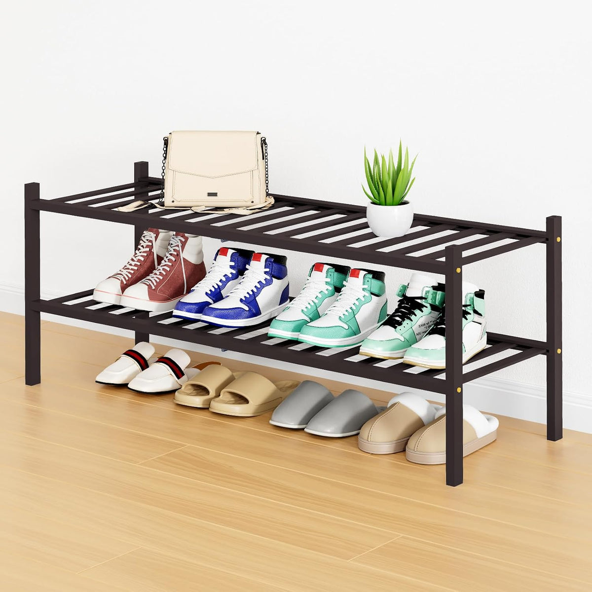 Smiry Bamboo Shoe Rack, 16 Vertical Slats, 2 Tier - 33.7" Wide, Brown