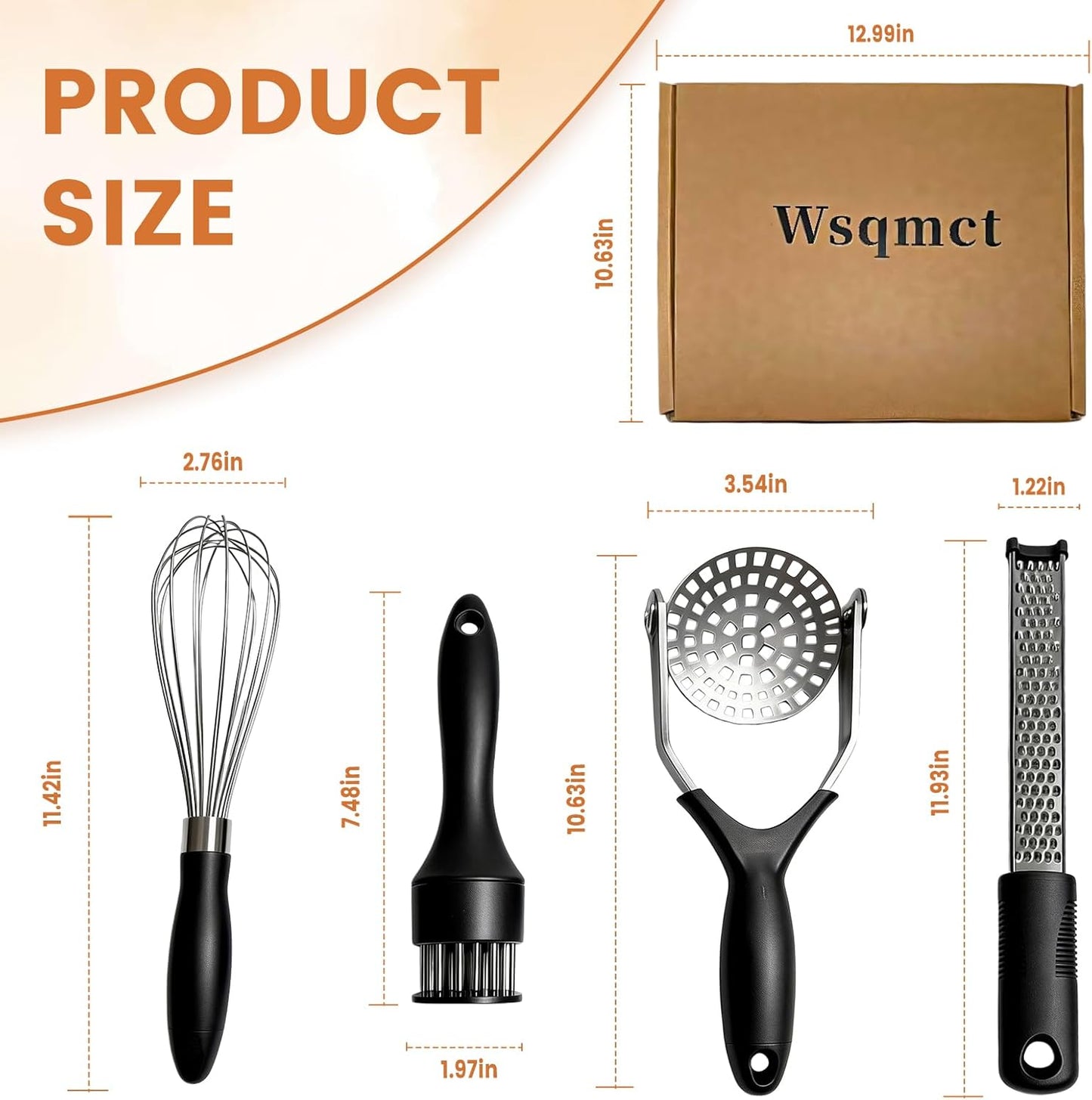 4-Piece Kitchen Gadget Set - Includes Balloon Whisk, Meat Tenderizer, Potato Masher, Grater/Zester, 304 Stainless Steel, Dishwasher Safe