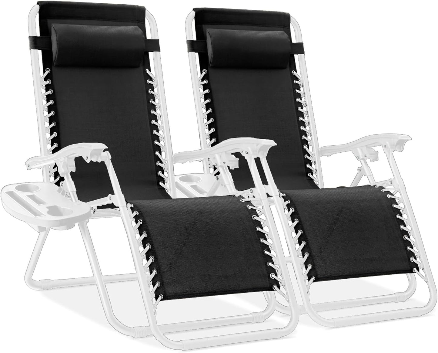 Best Choice Products Set of 2 Adjustable Steel Mesh Zero Gravity Lounge Chair Recliners w/Pillows and Cup Holder Trays - Black/White