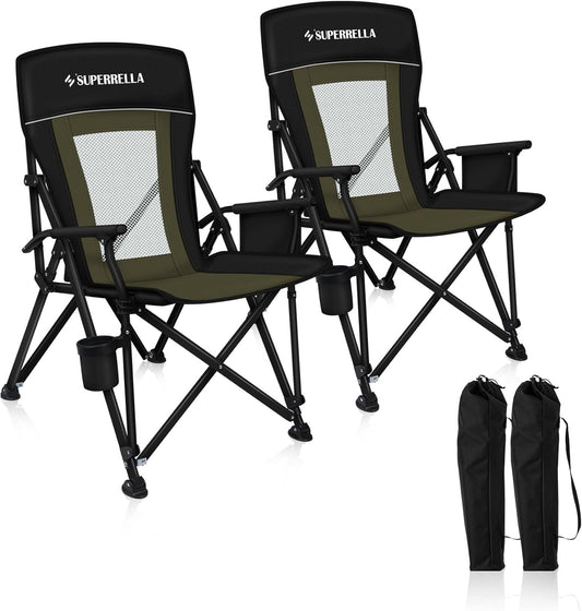 Camping Chair Portable Folding Lawn Chair Comfortable Hard Arm Sturdy for Family Camp, Outdoor, Sports, Beach, Travel, Support 400 lbs, Black&Green