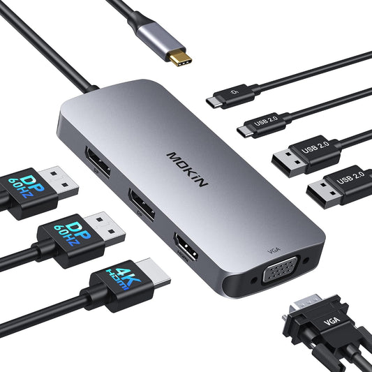 USB C Docking Station Dual DisplayPort, 8 in 1 USB Hub with 2 DP, HDMI, VGA, USB C 2.0, A 2.0, PD Charging Port, Multi Monitor Adapter for Dell/HP/Lenovo Laptops