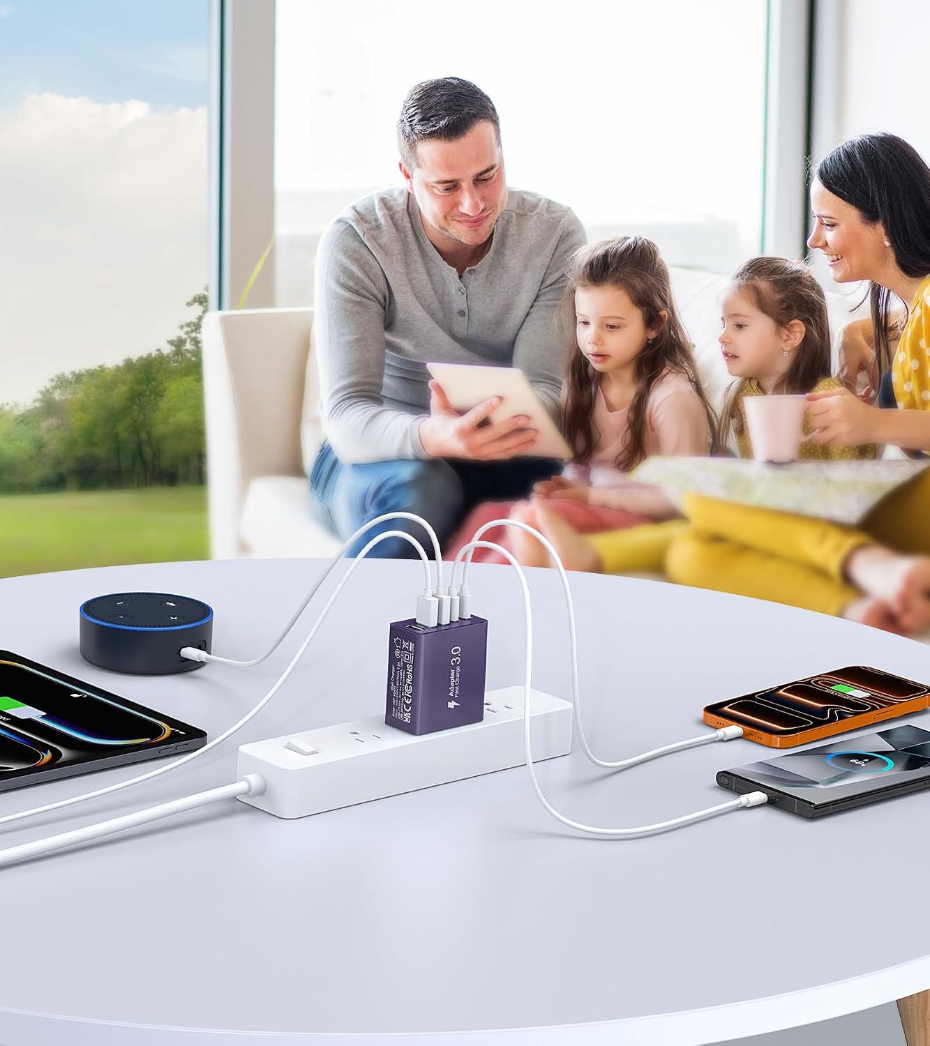 [2-Pack] USB C Wall Charger, 50W Charger Block 5-Port PD Fast Charging Blocks,Multiport 2USB C+3USB A Plug,Type C Power Adapter Brick Cube for iPhone 16/15/14/13/Pro,Samsung,for Switch（Purple）