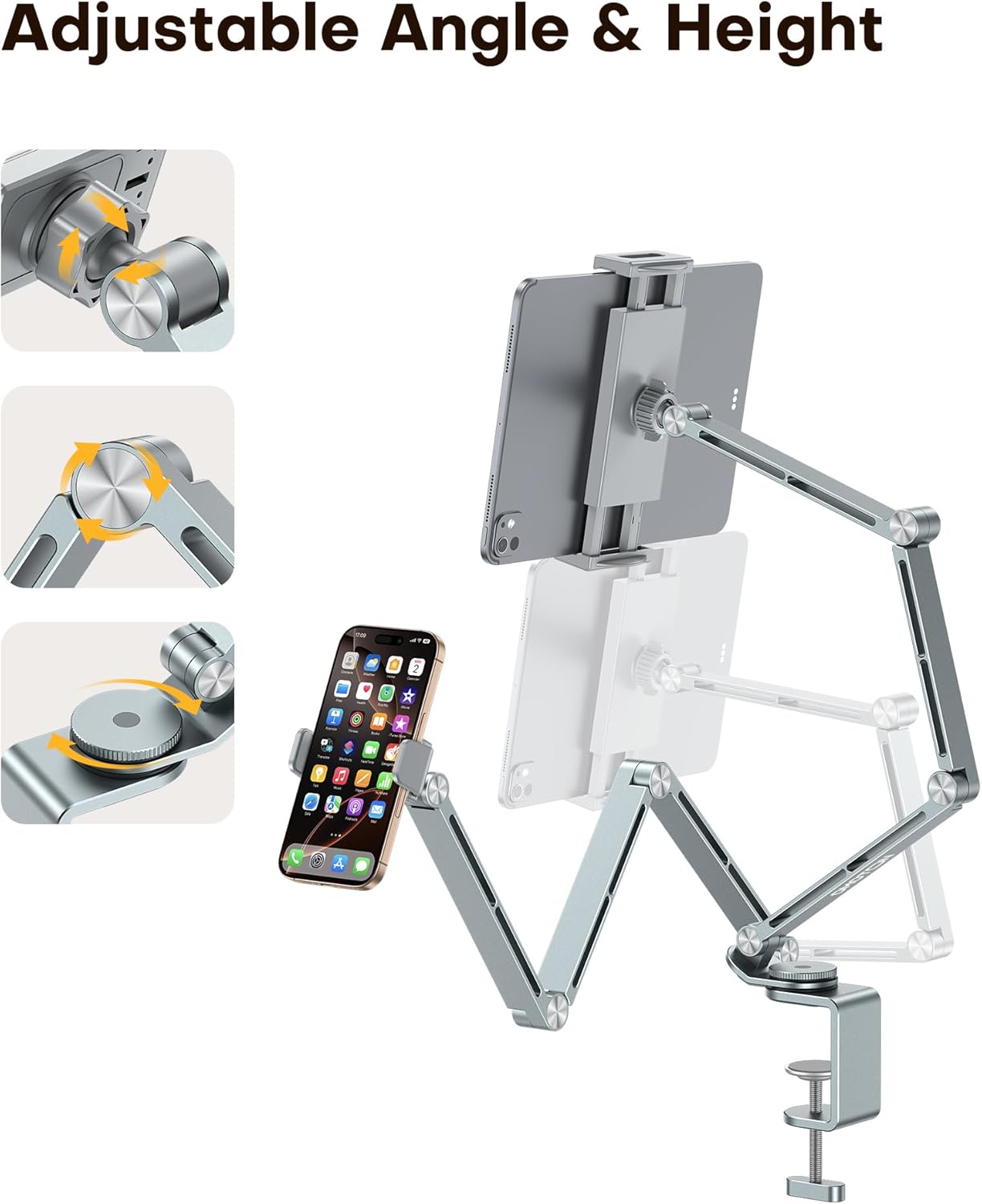 OMOTON Tablet Stand for iPad with 360° Rotation, GH03 Aluminum Alloy Long Arm Phone Mount with 2 Plastic Clamps (Phone & Tablet), Adjustable Holder for 4-13" iPad Pro/iPhone, Grey